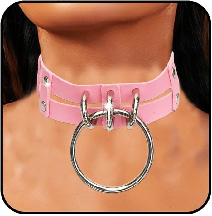 Punk Leather Choker Collar Gothic 2-tier Circle Ring Necklace Soft PU Leather Rave Party Chokers for Women