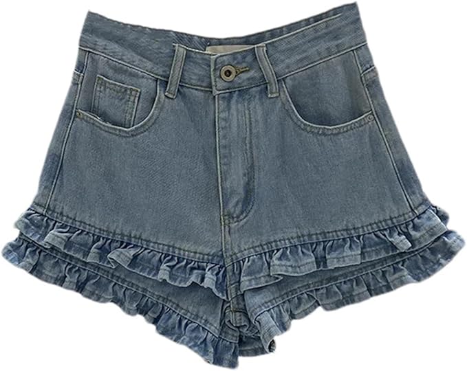 Mnjyihy Jean Shorts Women's Retro High Waisted Double Layered Ruffled Edge Patchwork Short Denim Pants