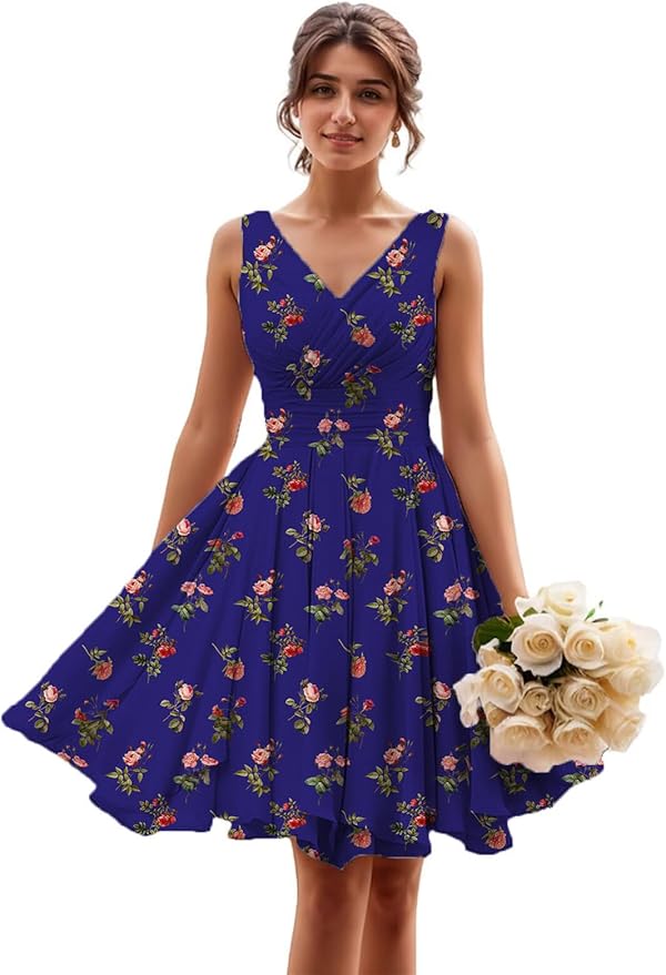 Short Floral Chiffon Bridesmaid Dresses for Women V Neck Pleated Homecoming Dresses Mini Cocktail Party Gowns