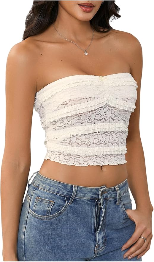 Y2k Lace Tube Top Going Out Strapless Ruffle Tiered Bandeau Crop Tops