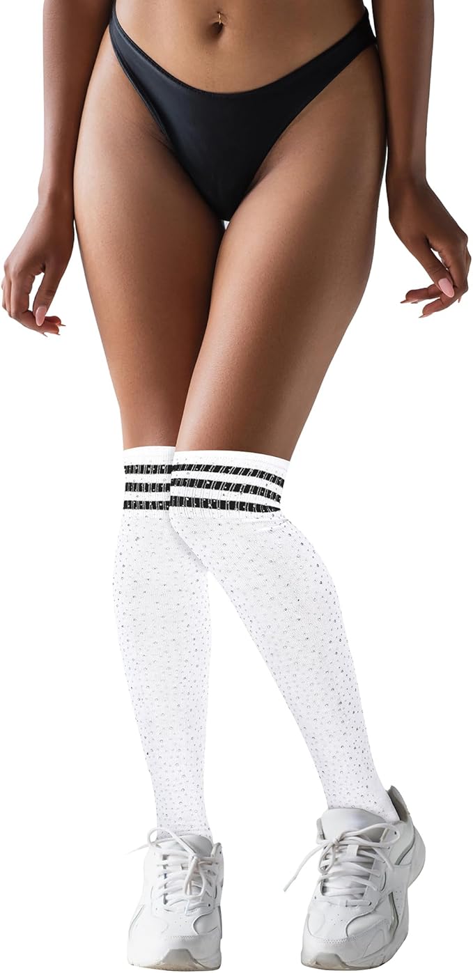 Violet Mist Women Rhinestone Over Knee High Socks Glitter Striped Thigh High Socks Sexy Sparkle Stockings Long Casual Sock